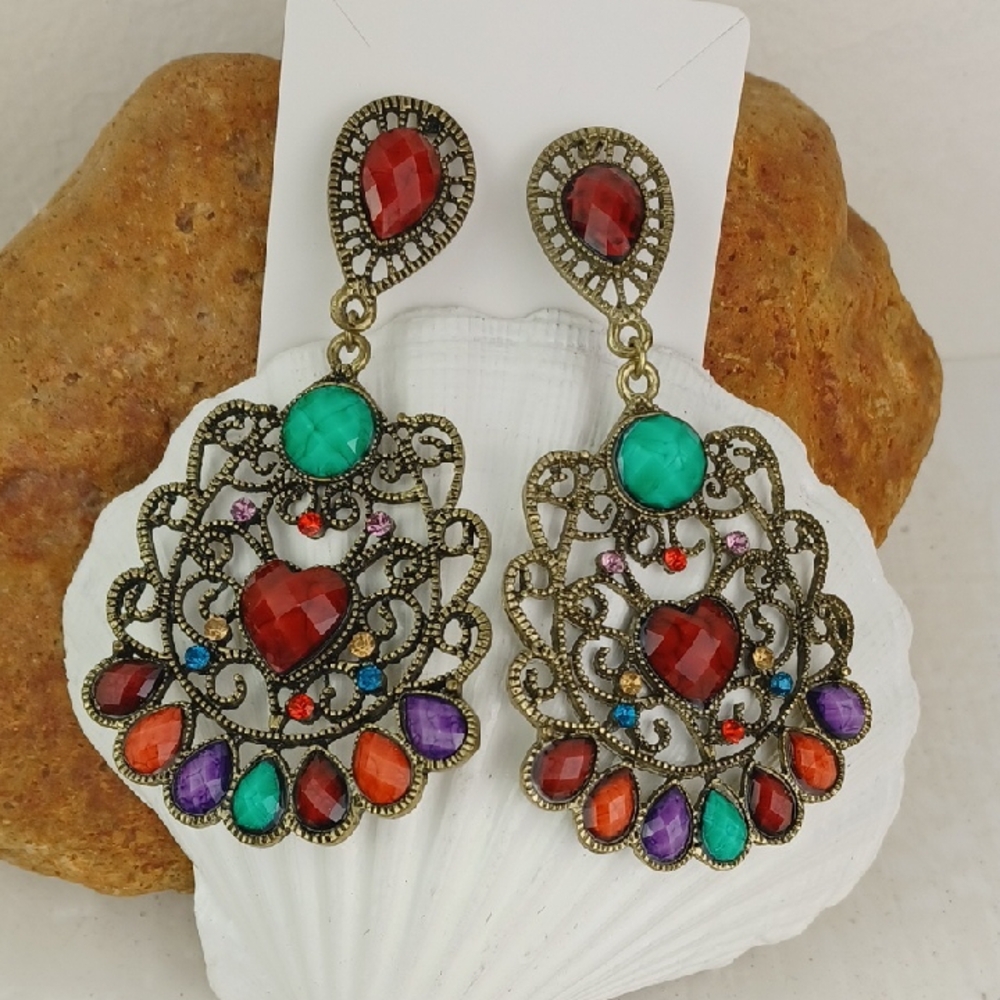 Turquoise & Red Faceted Red Heart Accent Filagree Metal Dangle Earrings